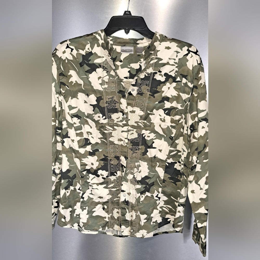 Chicos Green Camo Long Sleeve Top  Blouse Floral Embroidered ARMY Lines 2-LRG
